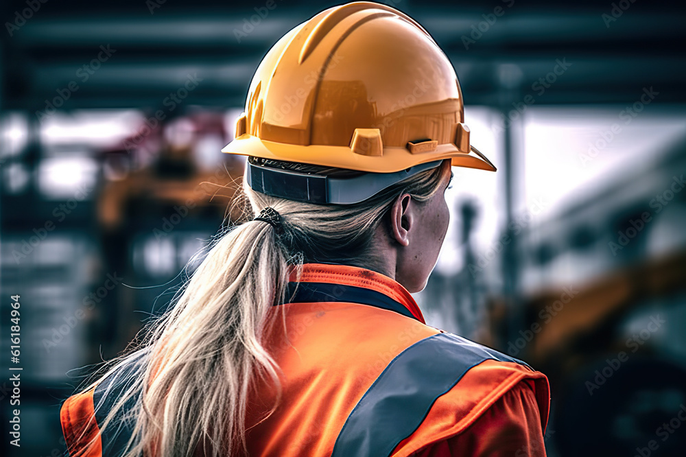 Safety First Young Female Worker in Protective Gear on Construction Site. created with Generative AI Safety First Young Female Worker in Protective Gear on Construction Site. created with Generative AI