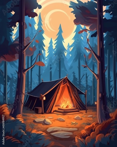 A tent for camping within the forest.  Illustration  Generative AI 