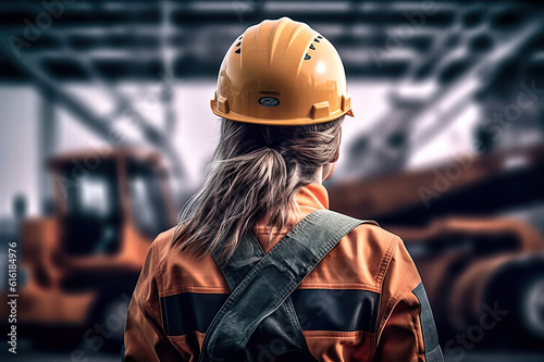 Safety First Young Female Worker in Protective Gear on Construction Site. created with Generative AI © photobuay