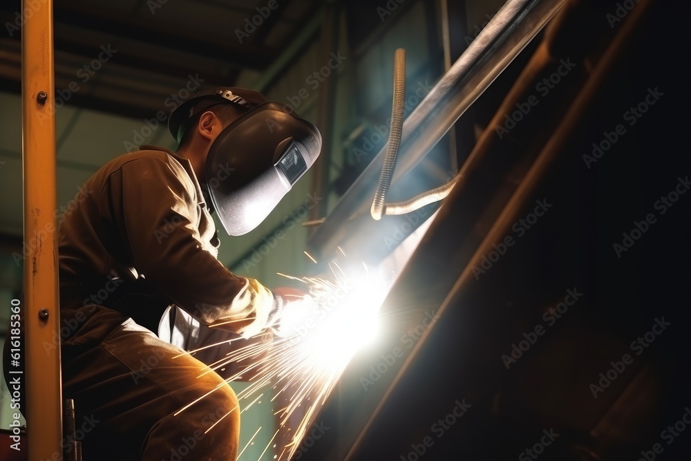 low angle shot worker is welding using mig mag welder - obrazy, fototapety, plakaty 