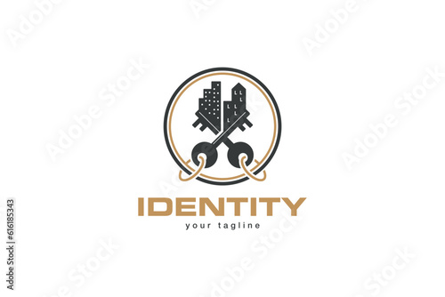 Creative logo design designated to a real estate or locksmith business. This logo design depicts a
city skyline between two keys. 