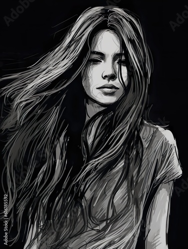 Black and white sketch portrait of a woman with long hair 