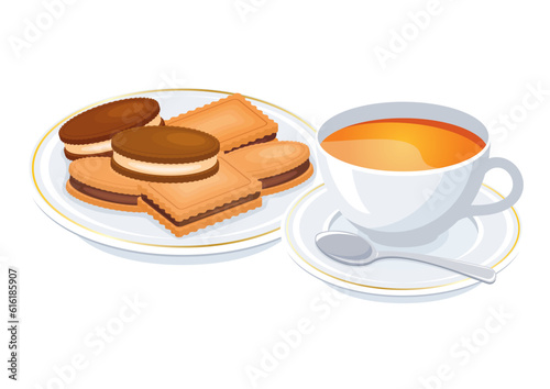 Cup of tea and biscuits on a plate vector illustration. Delicious tea cakes icon vector isolated on a white background. Different types of biscuits drawing. Shortbread cookie drawing