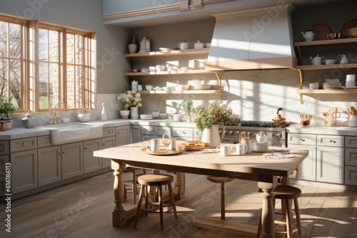 Mockup style inspirations for a quaint country kitchen, in the style of vray tracing, golden light, gray and beige. A kitchen with lots of wood and windows, Generative AI photo