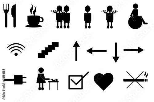 Set of Wayfinding signage. Black bisiness icons with people, cup of tea, wi-fi, buffet and other symbols isolated on white background. Vector illustration.
