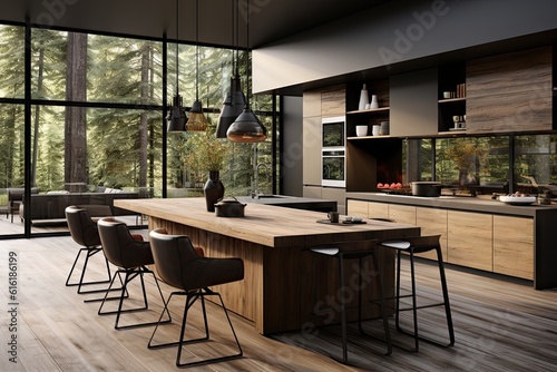 Mockup design of a wooden modern interior kitchen in the forest, in the style of dark black and bronze, light brown and dark black, intensely detailed. Generative AI photo