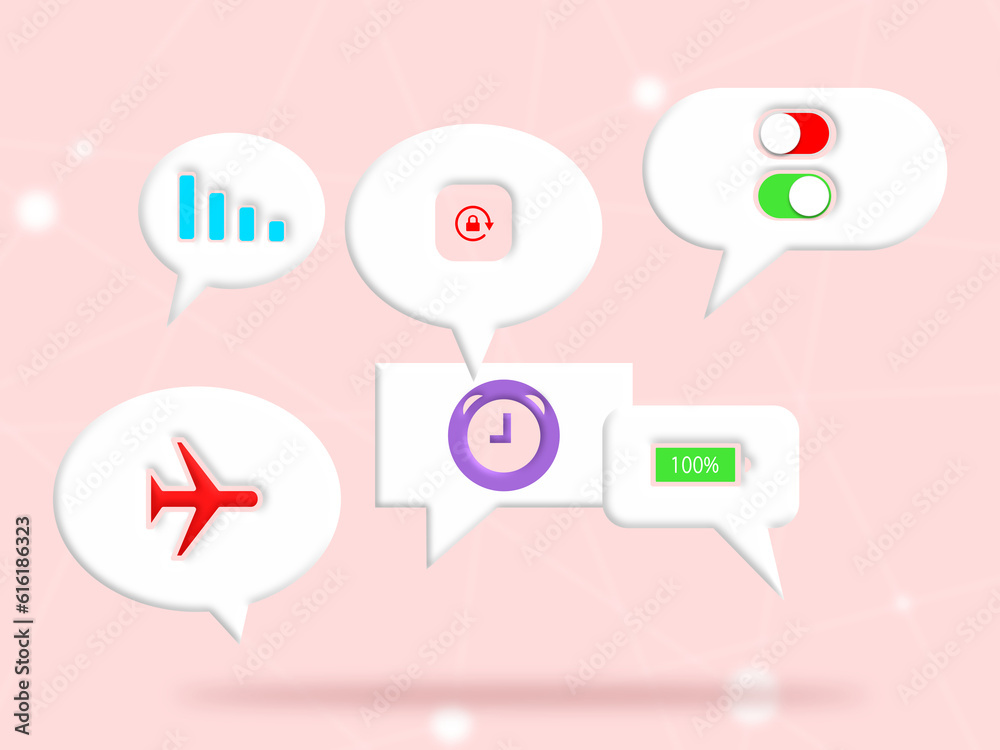 Communication bubble speech icon lock, on - off, battery 100%, time clock, air plane and waveform on isolated background. Conversation multimedia. Illustration 3D for content connected application Communication bubble speech icon lock, on - off, battery 100%, time clock, air plane and waveform on isolated background. Conversation multimedia. Illustration 3D for content connected application