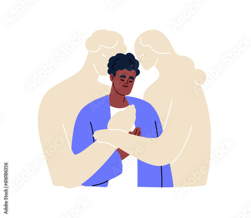 Person missing departed dead parents. Orphan thinking, remembering lost gone mother, father, their love and support. Loss, death concept. Flat graphic vector illustration isolated on white background