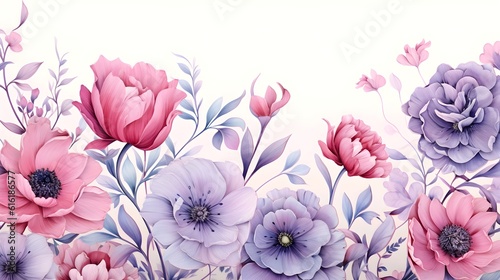 Beautiful pink and purple flowers watercolor painting style with white background. Best for card invitation, wide banner, header website, poster, and more graphics resources editing