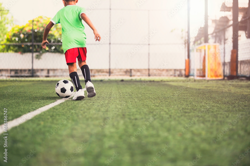 Obraz premium Soccer ball tactics children control the ball on a grass field for the training