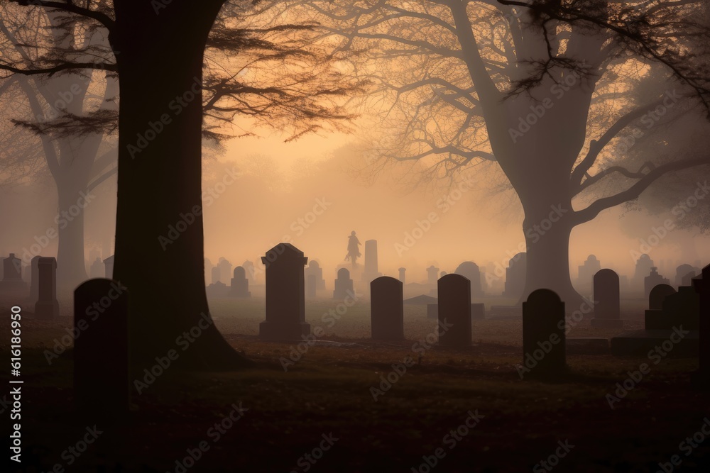 An eerie shot taken at the stroke of midnight, capturing the fog - laden backdrop of a cemetery. Generative AI