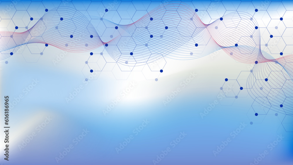 Abstract modern scientific background with connecting dots and lines and wave flow. Medical, chemistry, science and technology concept design.