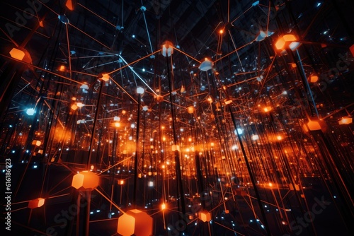 A dynamic, long - exposure shot taken with a wide - angle lens depicts a network of glowing, interconnected nodes suspended in mid - air. Generative AI © Mustafa