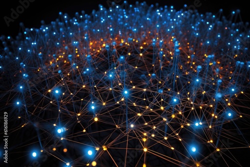 A dynamic, long - exposure shot taken with a wide - angle lens depicts a network of glowing, interconnected nodes suspended in mid - air. Generative AI