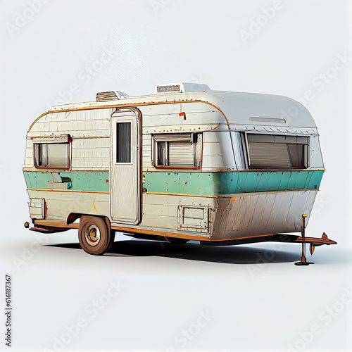Detailed illustration of an old trailer mobile home isolated on a white background Ai generated image