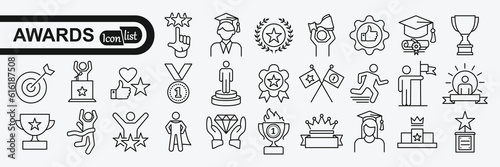 Award and winner linear signed icon collection. Signed thin line icons collection. Set of award and winner simple outline icons