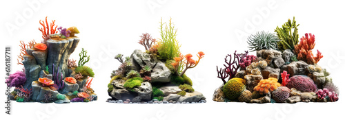 Aquarium fish tank interior corals, rocks and seaweed isolated - Generative AI