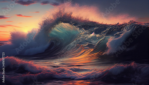 Majestic waves crashing on shore at dawn, vibrant colors, beautiful seascape, nature's power, coastal scene Ai generated image