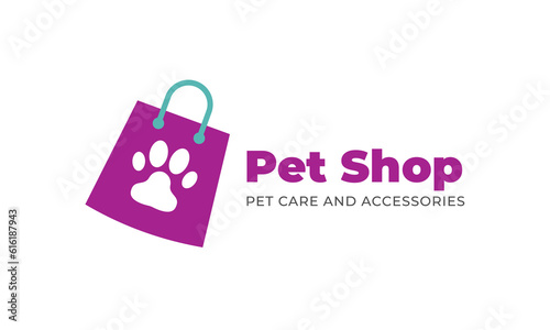 Pet shop logo design. Shopping bag with paw vector design. Usable for pet store, pet shop, e-commerce logo