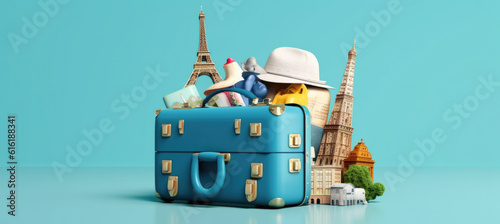 Creative summer beach composition in suitcase on blue background. travel concept idea.