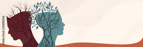 Metaphor bipolar disorder mind mental. Double face with puzzle brain. Split personality. Concept mood disorder. 2 Head silhouette.Psychology. Dual-personality. Psychiatry. Mental health