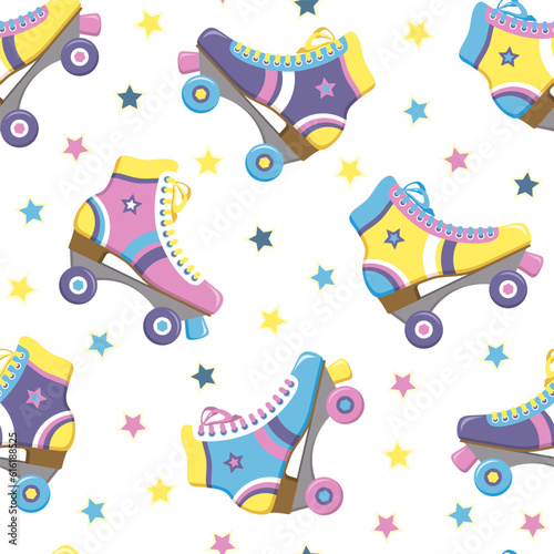 Seamless pattern with colorful retro roller skates. Vector illustration.