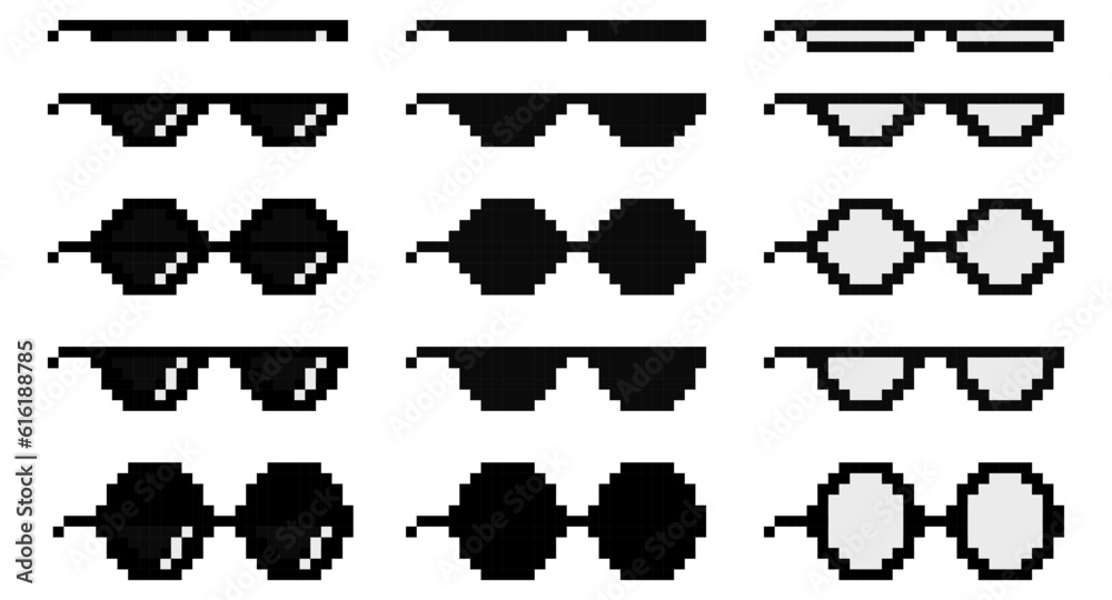 Pixel Sunglasses collection. Set of Different pixel glasses icons. Vector illustration in flat design