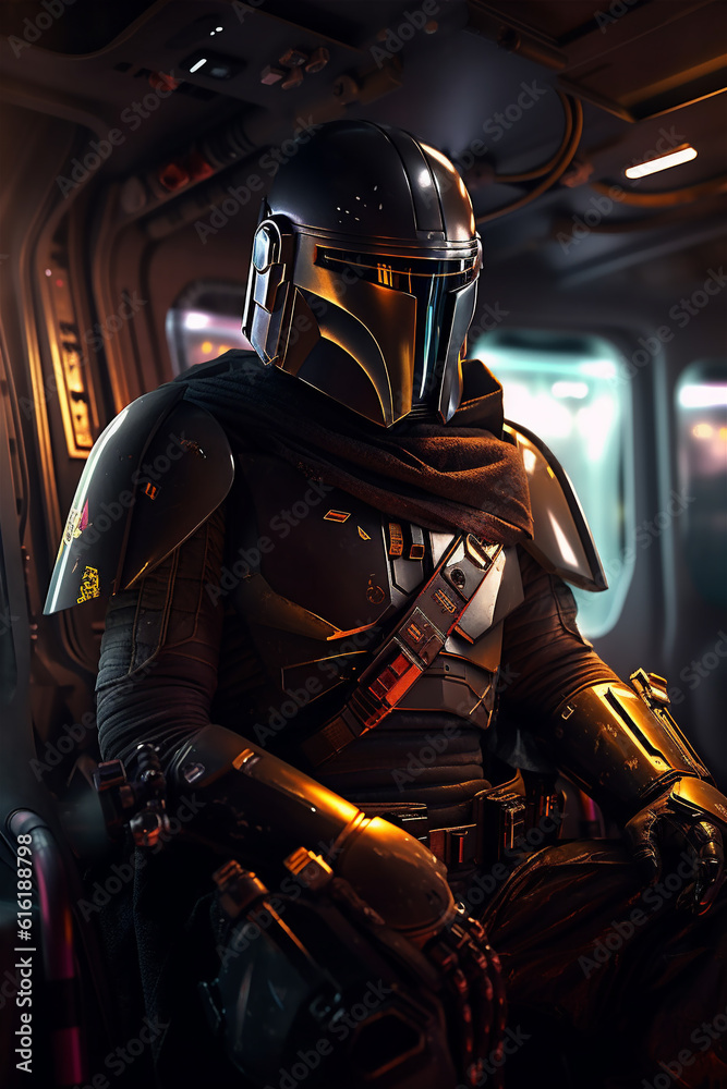 Future warrior wearing armor in the spaceship cabin Future warrior wearing armor in the spaceship cabin