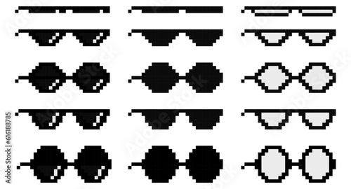 Pixel Sunglasses collection. Set of Different pixel glasses icons. Vector illustration in flat design