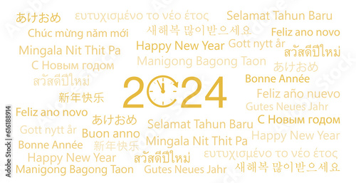 Happy New Year 2024 in different languages word cloud greeting card concept. Happy New Year 2024 in many different languages. Words cloud concept