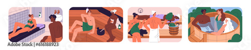 Sauna and banya set. People, friends, men and women relaxing in steam rooms, bathing in hot buckets, resting on wooden benches with herb branches. Thermal spa and wellness. Flat vector illustrations