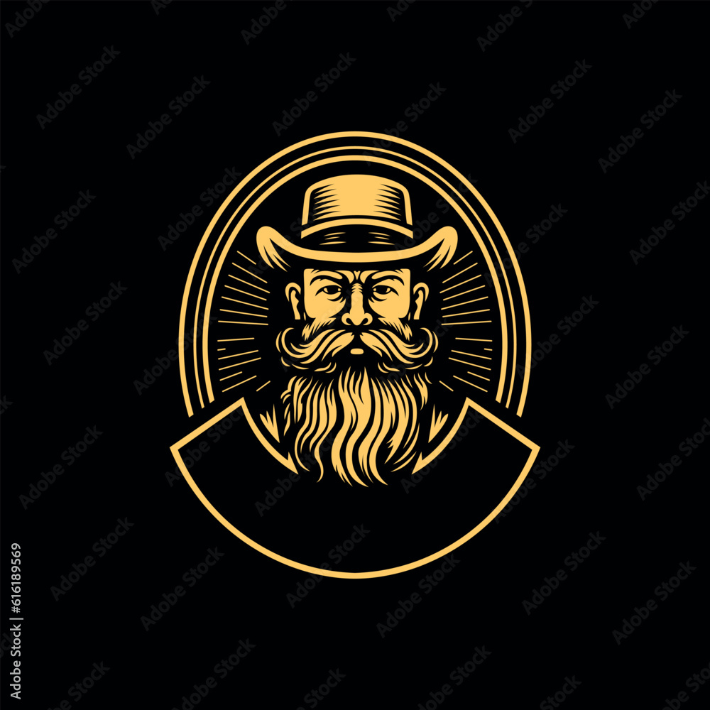 Bearded old man in a hat with a beard, logo template. Hand drawn emblem on a black background. Vector illustration Bearded old man in a hat with a beard, logo template. Hand drawn emblem on a black background. Vector illustration
