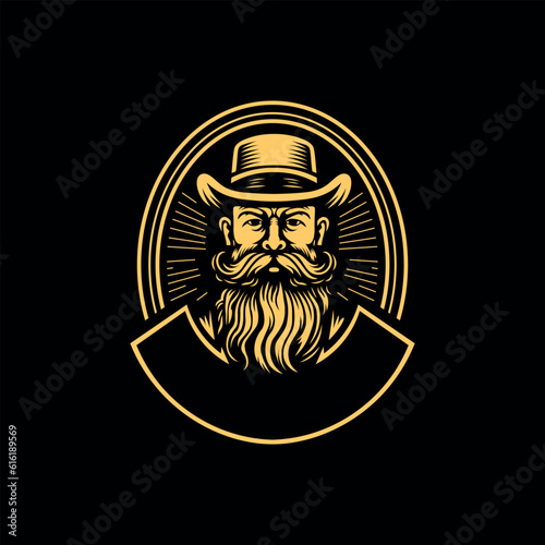 Bearded old man in a hat with a beard, logo template. Hand drawn emblem on a black background. Vector illustration