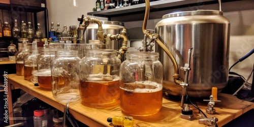 Obraz na plátně A glass carboy full of fermenting beer, surrounded by brewing equipment , concep