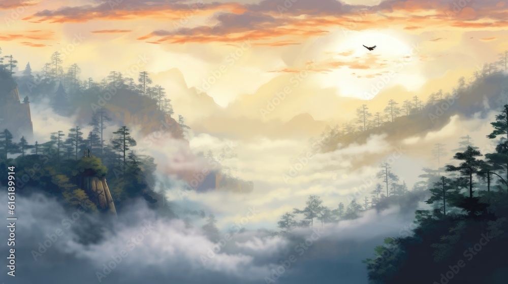 Fototapeta premium Embrace ethereal Smoky Mountain horizons with misty atmosphere. (Illustration, Generative AI)