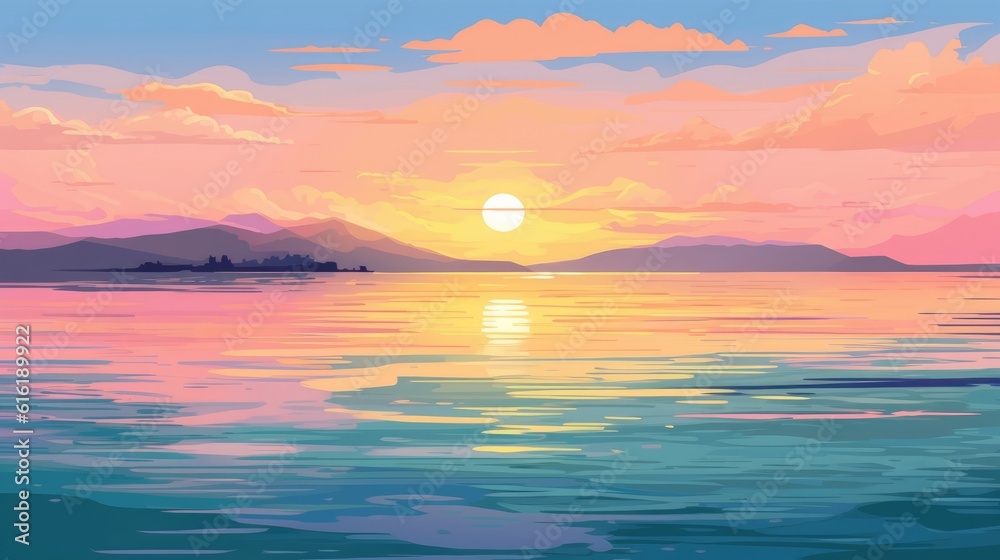 The sunset over still water displays beautiful colors. (Illustration, Generative AI)