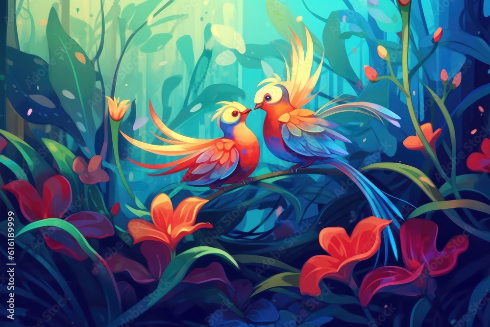 A lush plant held two vibrant perched birds. (Illustration, Generative AI)