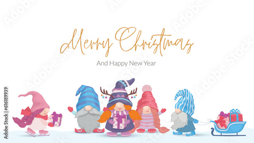 Merry Christmas card with a cute gnomes. Postcard for business, congratulate customers on the new year.