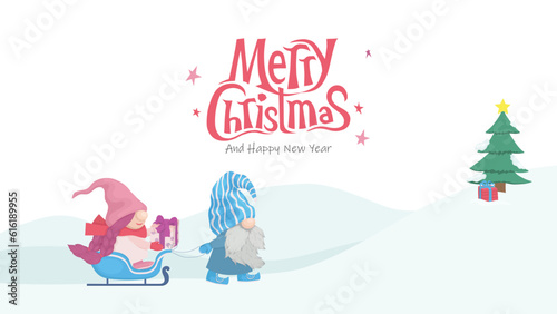 Merry Christmas card with cute gnomes with sled. Postcard for business, congratulate customers on the new year.
