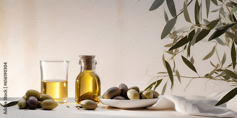 Delicious fresh olives in a bowl and glass jars with olive oil on beige background. AI generated Delicious fresh olives in a bowl and glass jars with olive oil on beige background. AI generated