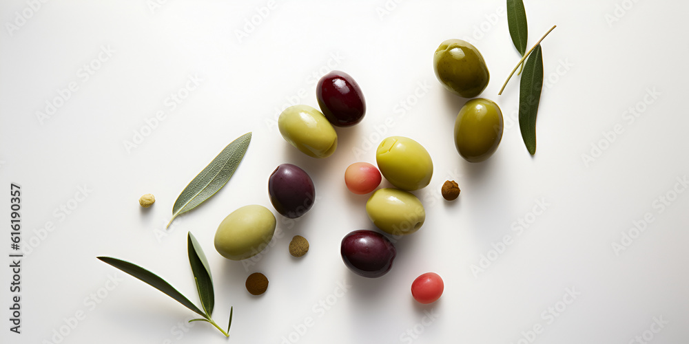 Delicious black, green and red olives with leaves isolated on white background, view from above. AI generated Delicious black, green and red olives with leaves isolated on white background, view from above. AI generated