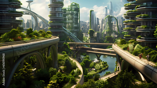 Futuristic city with allot of nature, river in a green city, healthy future city. Generativ AI.