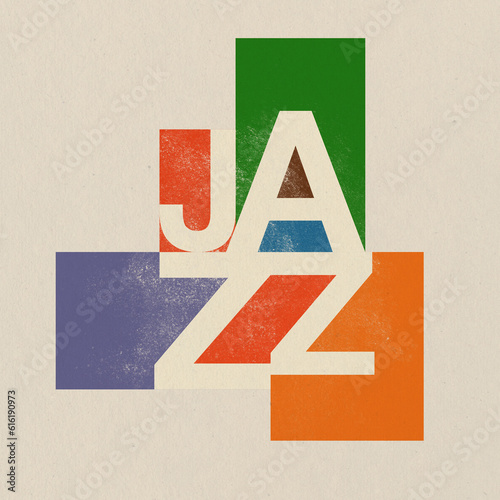 Swiss-Inspired Vintage Jazz: 50s Typography Playful Design, Mid-century modern, retro, Graphic Design with colorful squares