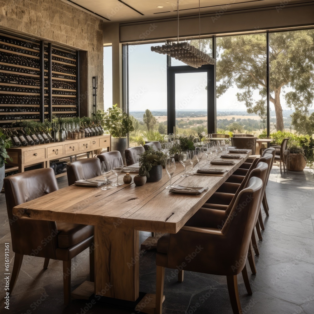 The main dining area of this remarkable vineyard, where modernity meets masculinity, creating a truly elegant ambiance. Generative AI