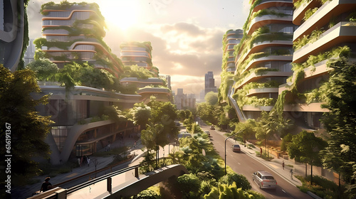 Futuristic city with allot of nature, green city, healthy future city., sun setting in the background. Generativ AI. © caportof