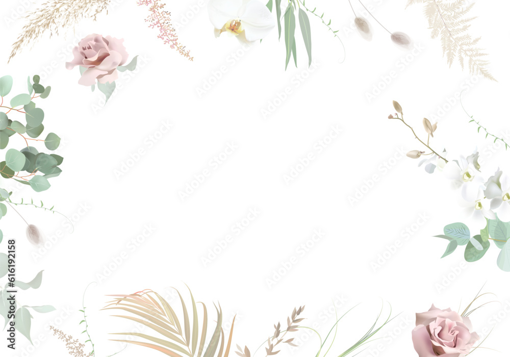 Silver sage green and blush pink flowers vector design frame. Dusty rose, white orchid, pampas grass, eucalyptus Silver sage green and blush pink flowers vector design frame. Dusty rose, white orchid, pampas grass, eucalyptus