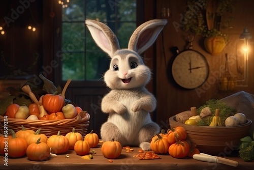 Cute hare or rabbit character at home in the autumn forest surrounded by pumpkins