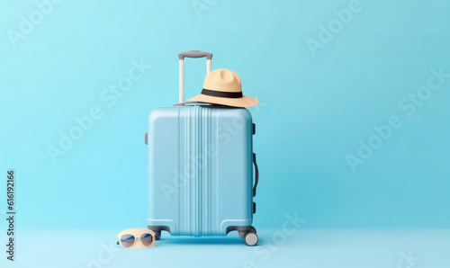 Creative summer beach composition in suitcase on blue background. travel concept idea.