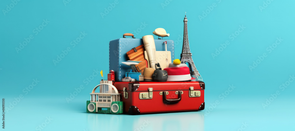 Creative summer beach composition in suitcase on blue background. travel concept idea.