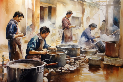 Group of men preparing food on the street, cooking a meal in asia, living in poverty, pot with vegetable soup generative AI